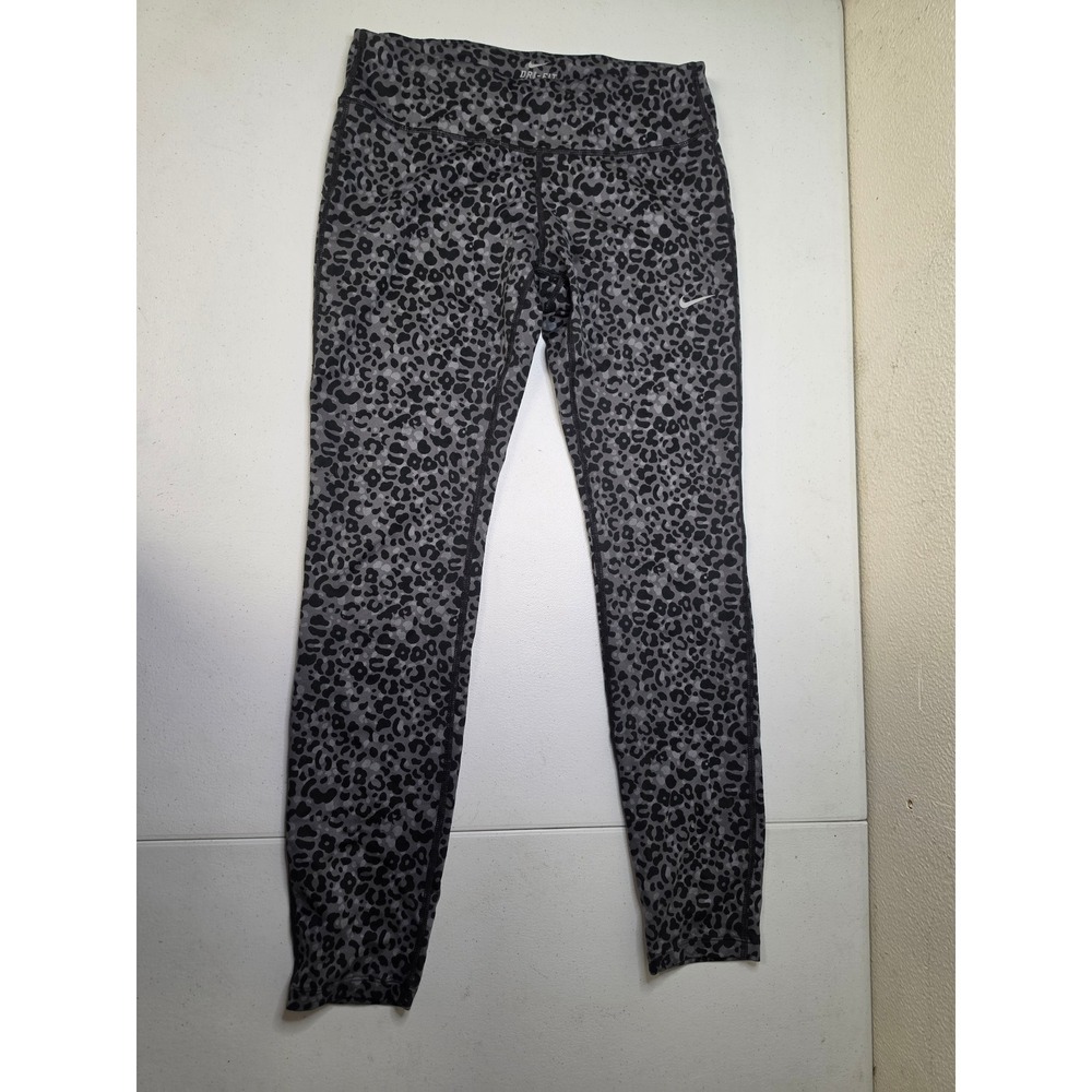 Nike Dri-FIT Women Grey Black Leopard Print Running Leggings Zipper Pocket M